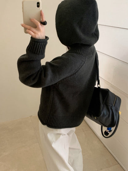 // 粗織紋領位連帽卷卷邊毛衣