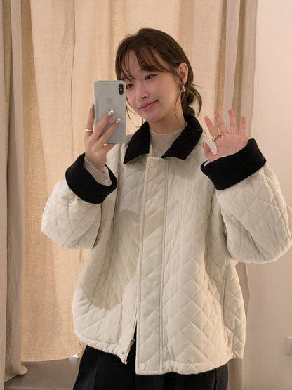 // 拼色燈芯絨領菱格絨面夾棉外套