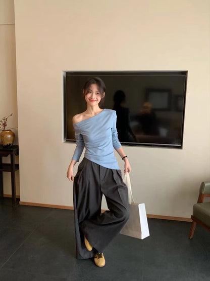 // 50%cotton+50%loycell親膚斜肩不規則長袖上衣