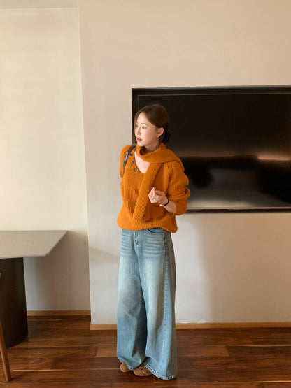 // 慵懶領邊鈕扣設計連頸巾毛衣