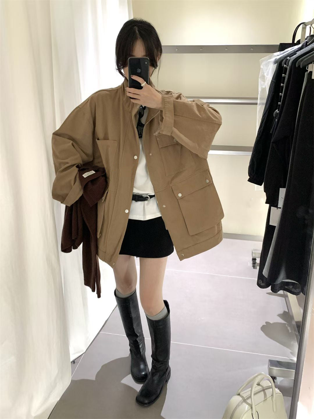 // 小立領口袋中長工裝洗水棉外套