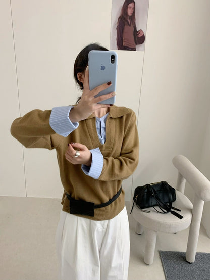 // 設計感拼接恤衫針織上衣