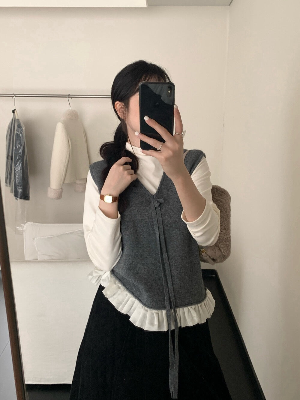 // 蝴蝶結設計拼接花邊針織背心+混羊毛打底套裝