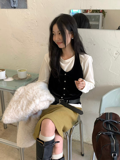 // 超美絲絨掛頸背心+打底上衣套裝