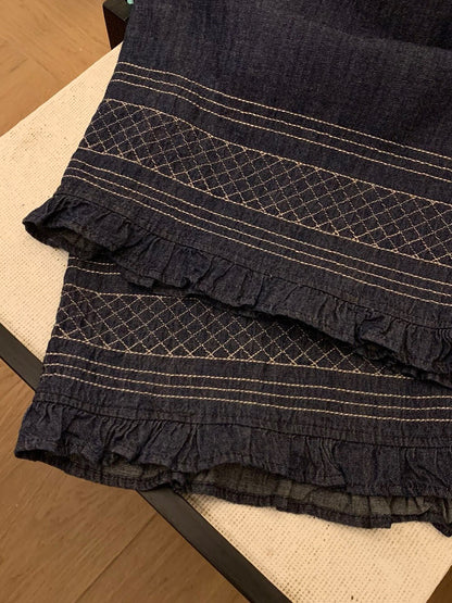 P10 / 超美刺繡木耳邊腳棉麻牛仔布褲