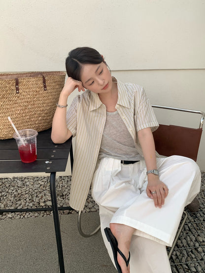 // 刺繡字口袋間條短袖SH