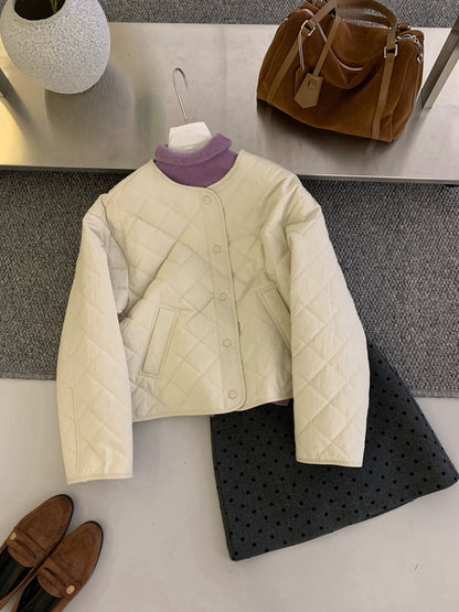 // 簡約菱格薄夾棉圓領外套