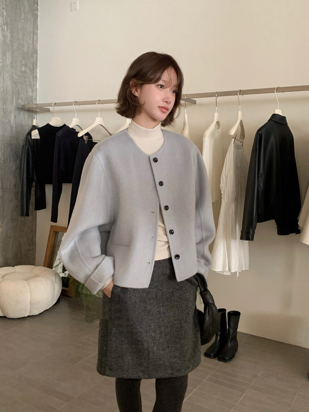 // 100%羊毛簡約圓領小口袋雙面羊毛手工外套