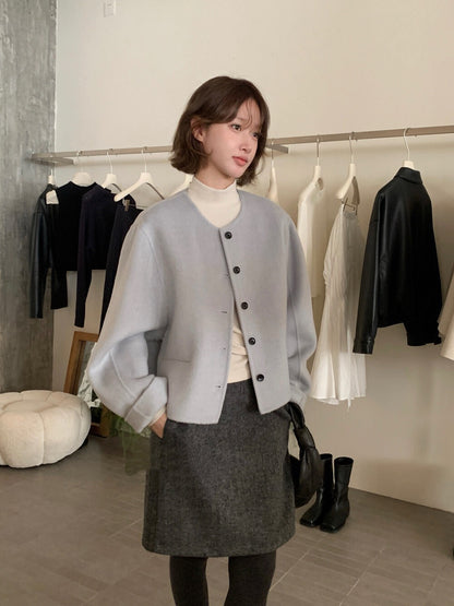 // 100%羊毛簡約圓領小口袋雙面羊毛手工外套