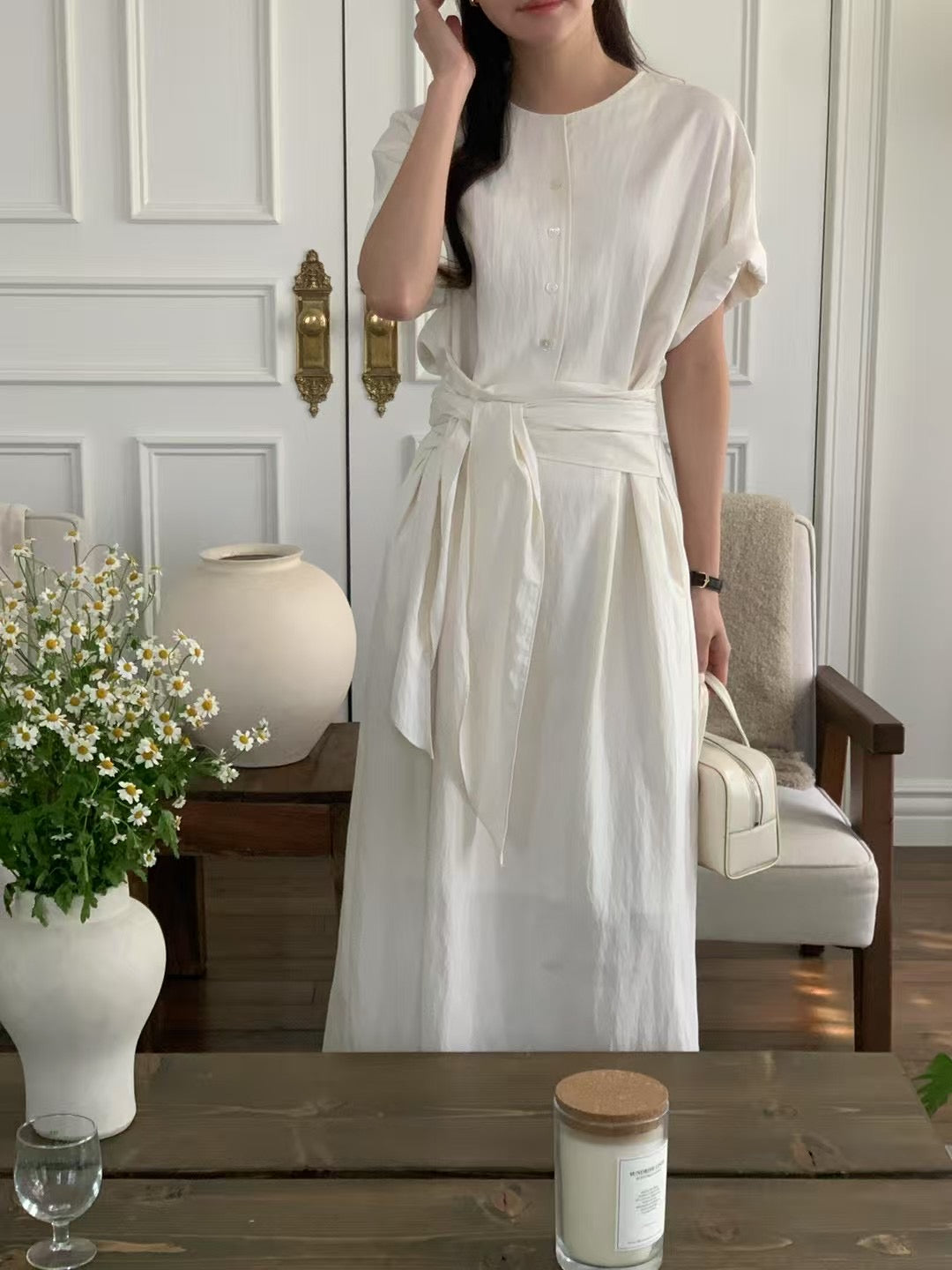 (現貨) 設計師款 // 綁帶腰半排扣短袖OPS