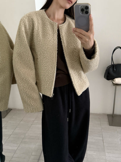 // 圓領圈圈絨簡約拉鏈外套