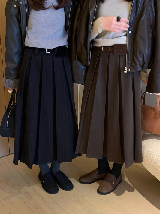 // 秋冬必備粗百褶毛呢中裙(連腰帶)