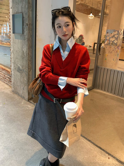 // 帥氣假兩件拼接恤衫領毛衣