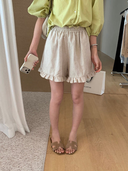 // 超舒服麻質花邊腳短褲