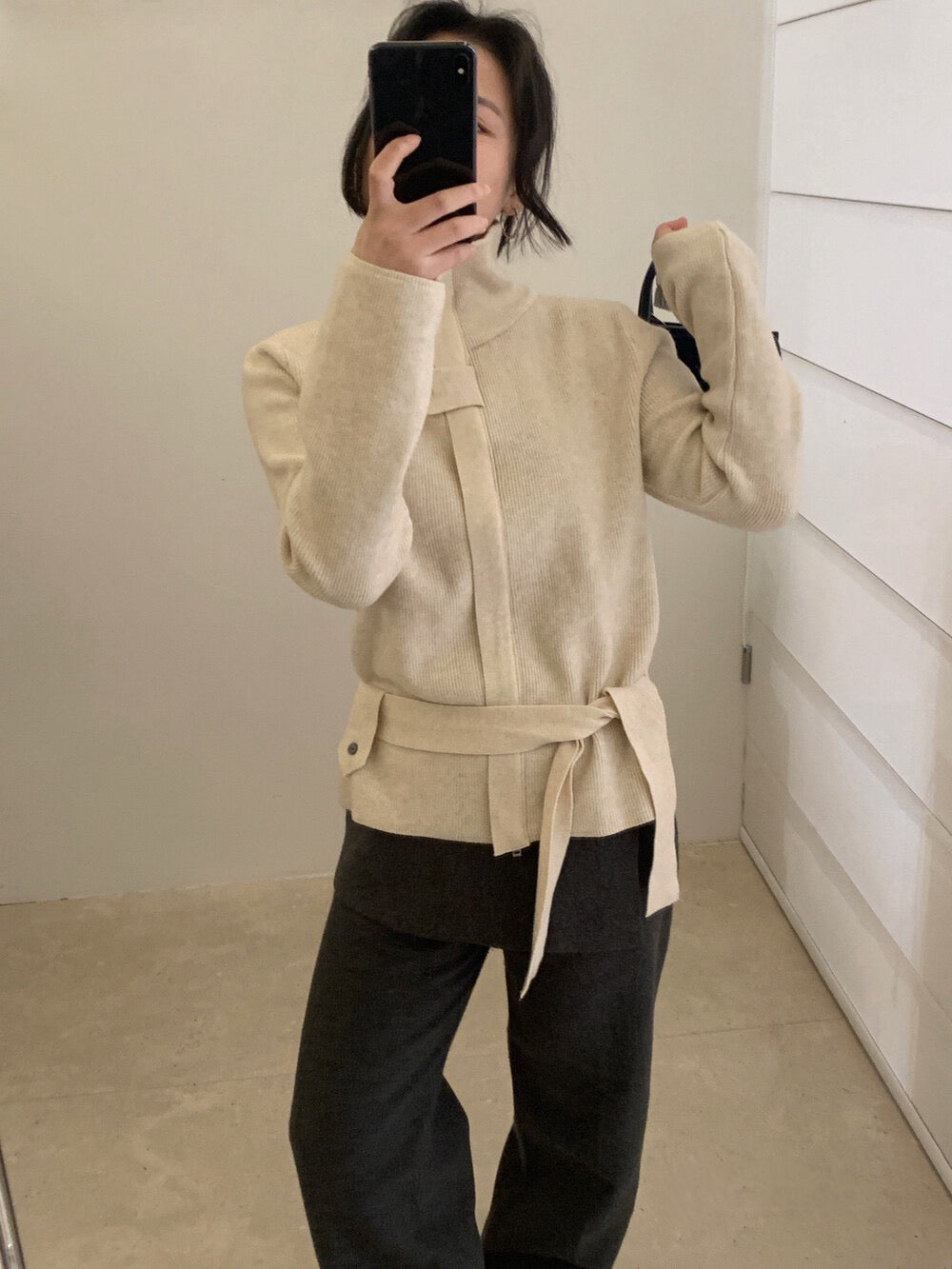 // 立領綁腰帶針織CD