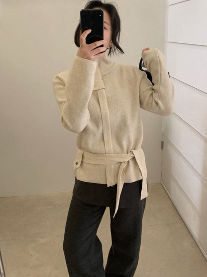 // 立領綁腰帶針織CD