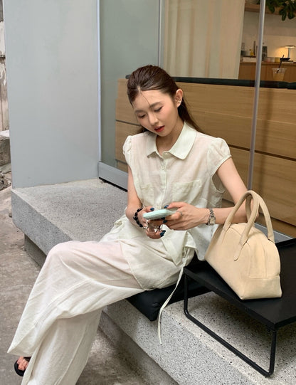 // lyocell麻兩邊抽繩小短袖口袋BL