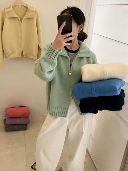 // 直坑紋大翻領上下拉鍊落肩CD