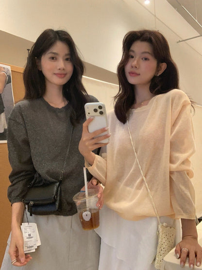 // 防曬混麻質薄款針織上衣