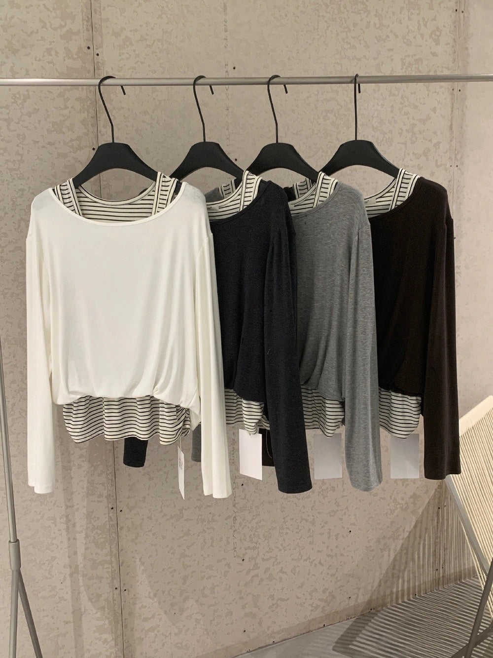 B42 / 拼接間條背心假兩件TEE
