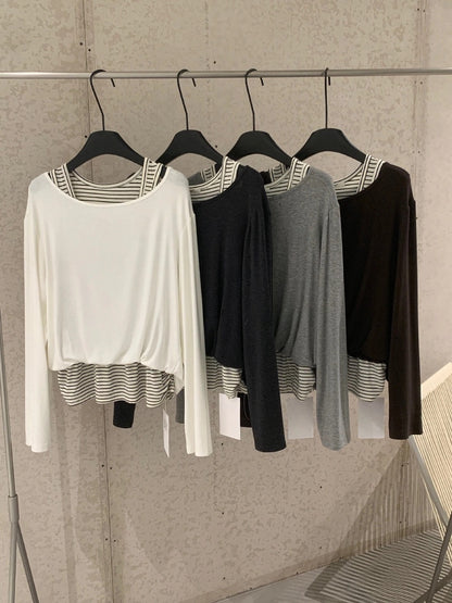 B42 / 拼接間條背心假兩件TEE