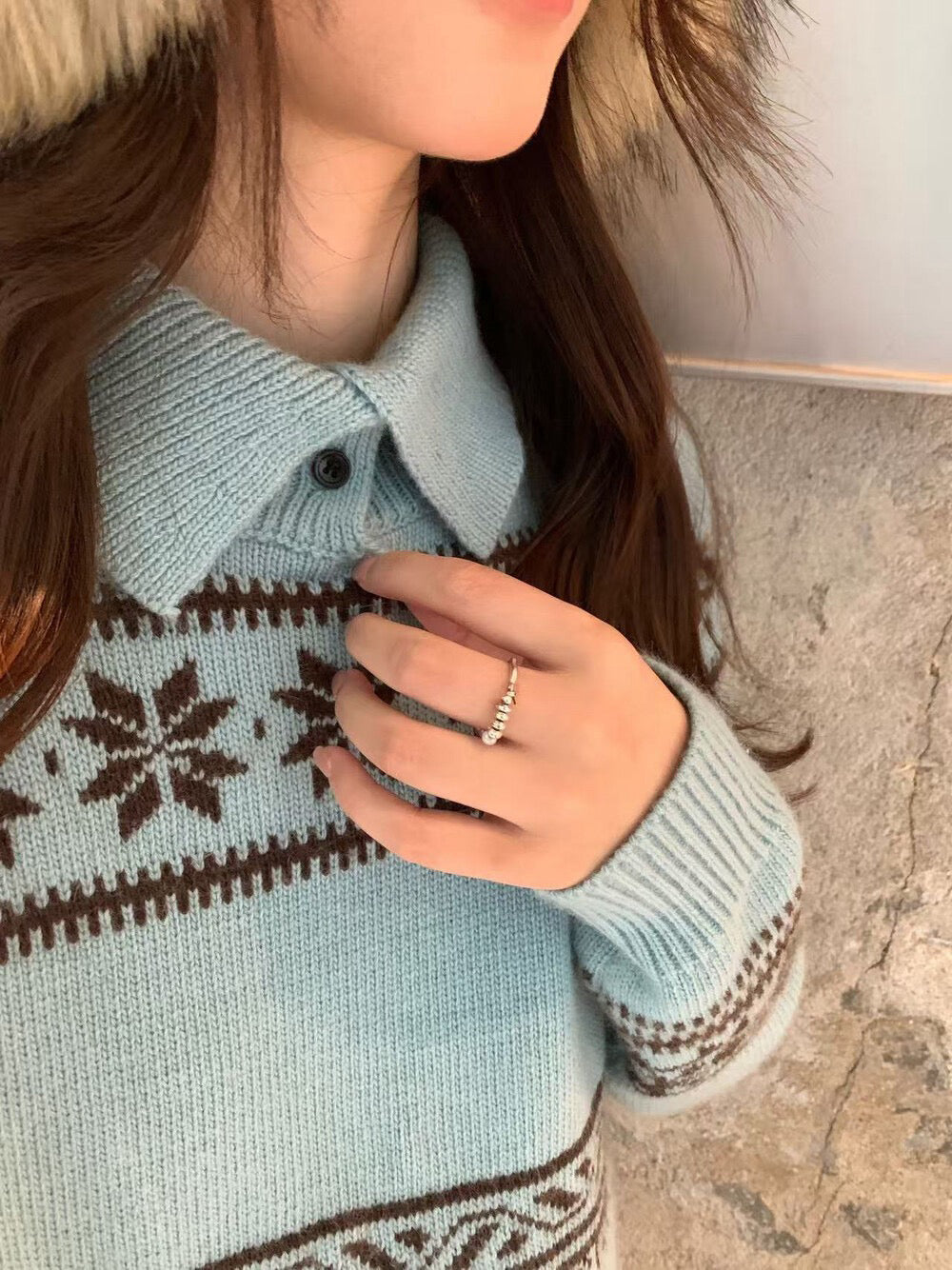 // 10%raccoon雪花花紋翻領毛衣