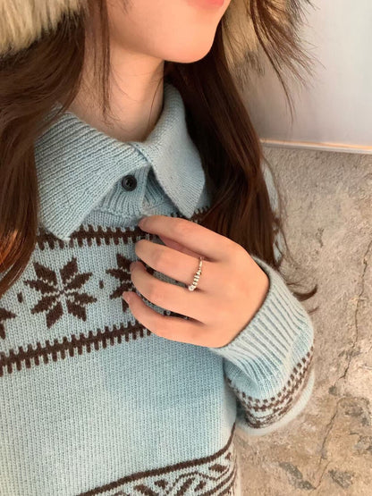 // 10%raccoon雪花花紋翻領毛衣