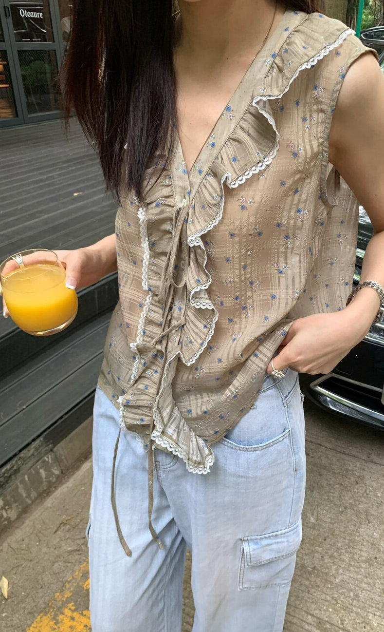 // 法式浪漫荷葉lace邊小碎花BL