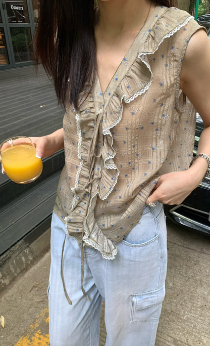 // 法式浪漫荷葉lace邊小碎花BL