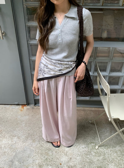 // 拼接lace邊小V翻領直紋NT
