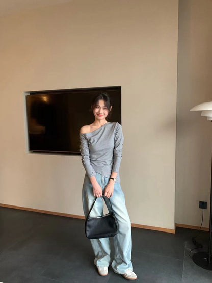 // 50%cotton+50%loycell親膚斜肩不規則長袖上衣