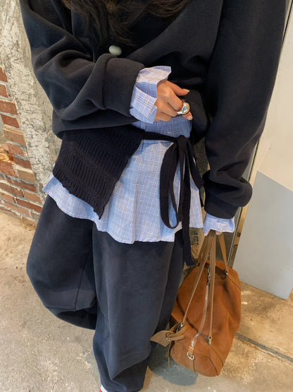 // 超韓拼接袖衛衣+褲頭拼接連針織裙簾褲套裝