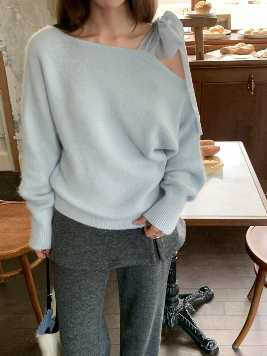 // 斜肩lace綁帶毛衣