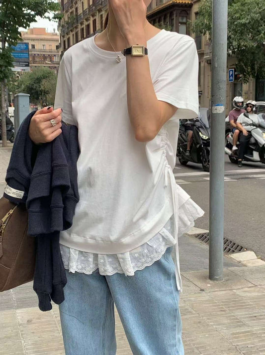 // 疊穿必入側抽繩拼接lace腳TEE