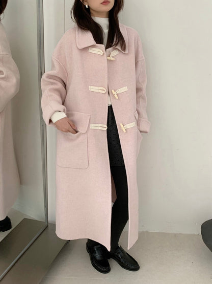 // 100%羊毛大口袋牛角鈕雙面手工長外套