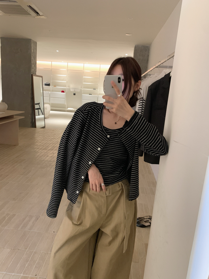 // 慵懶親膚間條吊帶+外套套裝