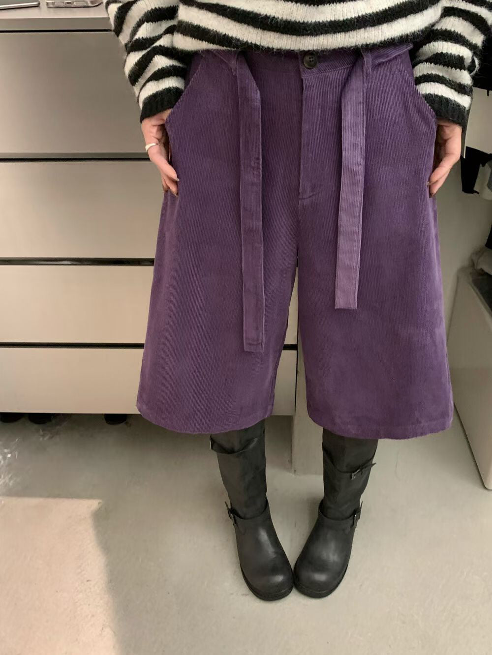 // 五分帥氣連腰帶燈芯絨褲