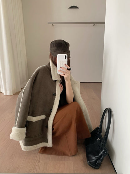 // 立領皮毛一體口袋中長外套