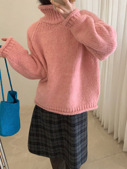 // 12%alpaca顏色超美的軟糯粗棒針卷邊高領毛衣