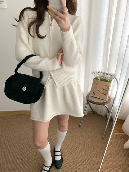// 性價比超高！圓領拉鍊外套+短裙針織套裝