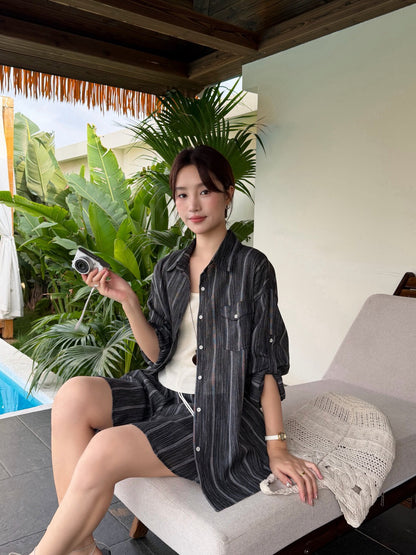 S15 / 棉麻直間口袋防曬恤衫++打底背心+短褲三件套￼
