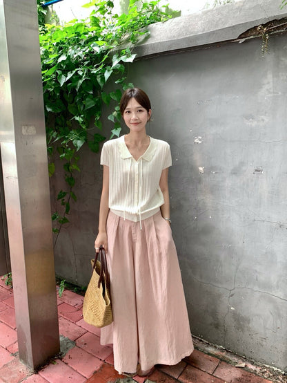 // 花邊翻領綁帶直紋麻質針織上衣