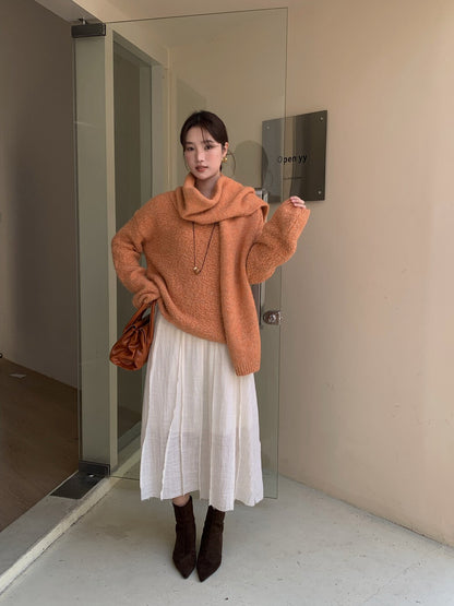 // 慵懶感寬鬆款連頸巾毛衣