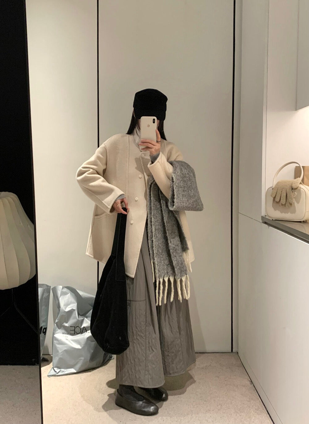 // 90%羊毛+10%羊駝毛小立領斜口袋手工外套