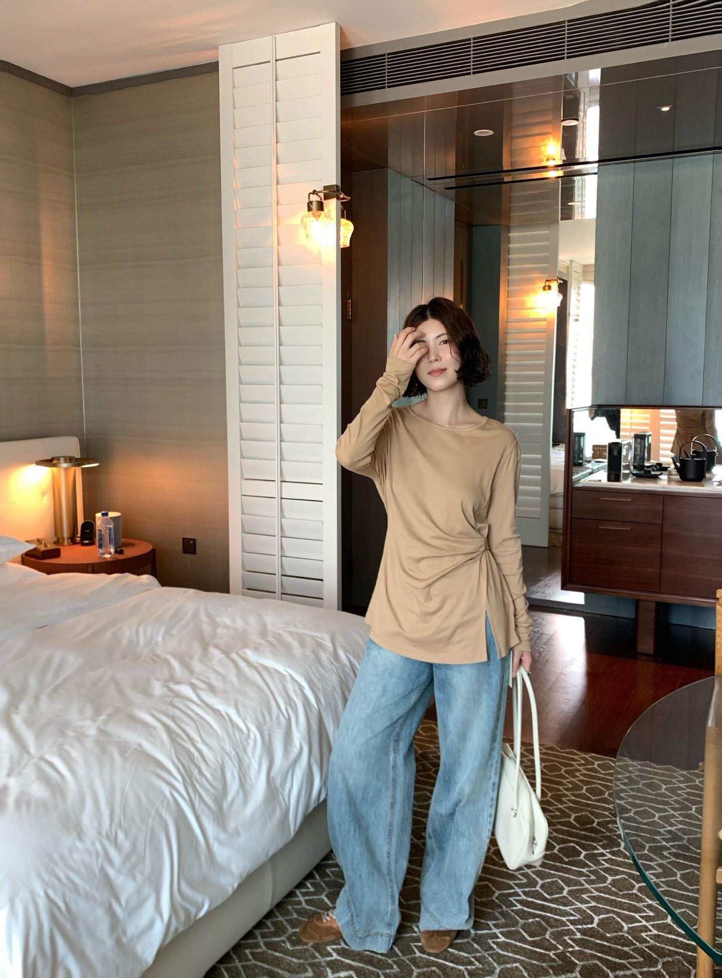 // 搭扣褲頭超顯腿長全長牛仔褲