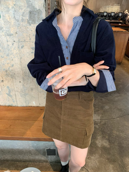 // 假兩件口袋拼接恤衫燈芯絨上衣
