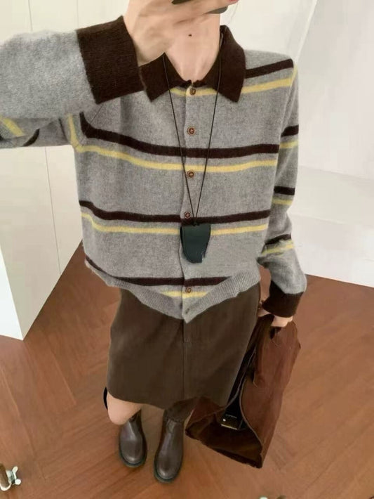 // 超韓復古配色間條開胸NT