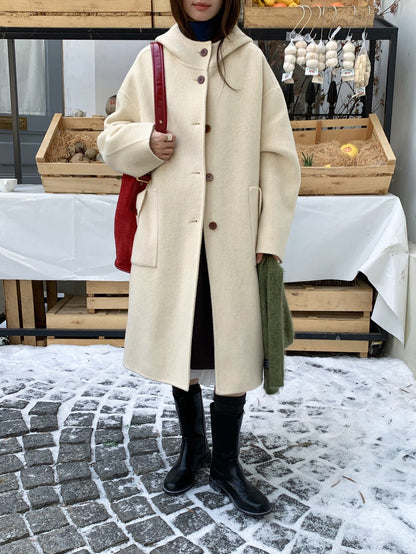 // 80%wool+20%alpaca連帽可愛口袋手工羊毛外套