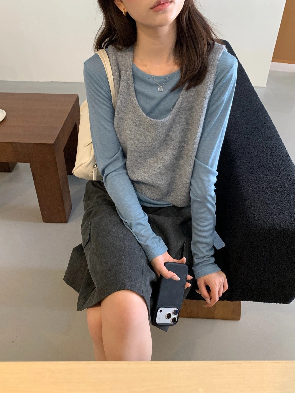 T08 / 顏色超美撞色疊穿針織背心+打底上衣兩件套