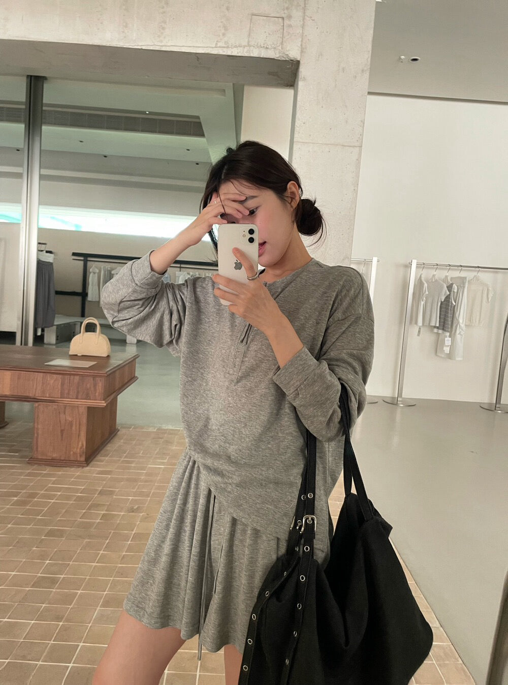 // 慵懶休閒風lyocell麻半拉鍊TEE+裙套裝